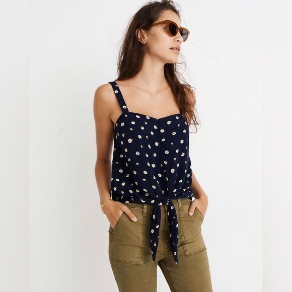 Madewell, blue tank top with white flowers tied at waist size extra, extra small - Picture 1 of 7